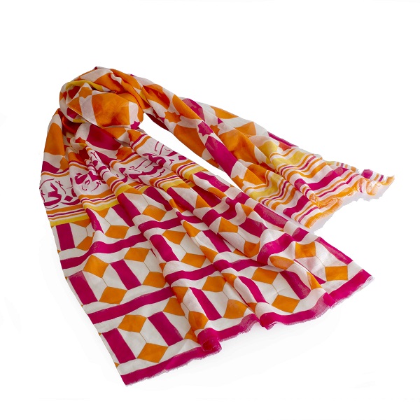 623A0671 alt="modal cotton scarf with pink and orange geometric pattern"