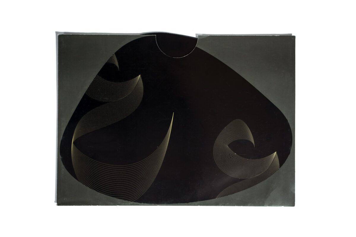 A set of 12 paper placemats, in an organic shape, with a grey base color and golden-print dotted Arabic calligraphy pattern.