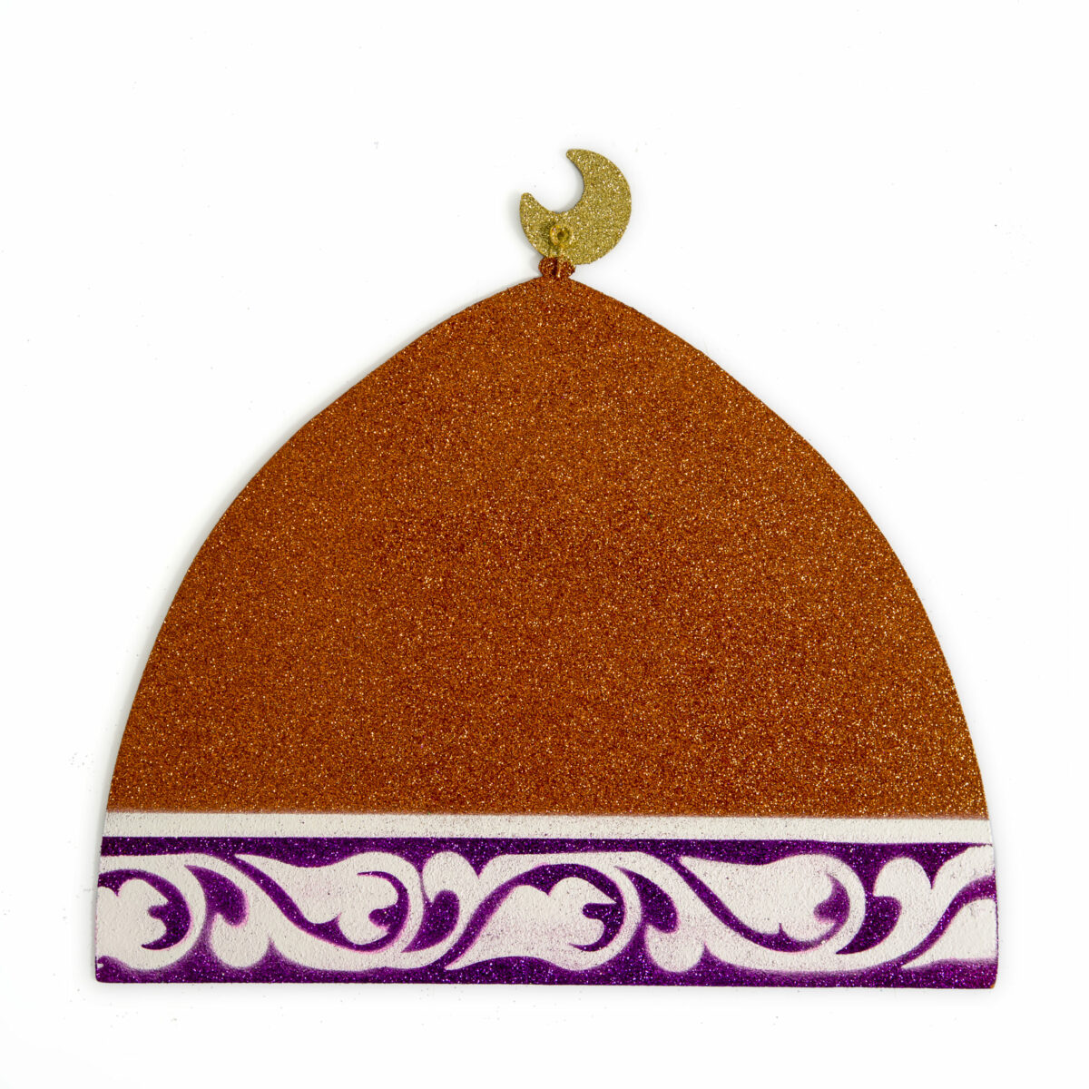 Metal dangler, in 2D form, glittered, in orange color, with a hanger at the crescent.