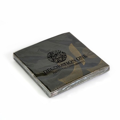 Printed napkins, grey base color, with golden-print dotted Arabic calligraphy pattern. Napkin size 30x30cm when open, 3ply tissue, 20 napkins per pack.