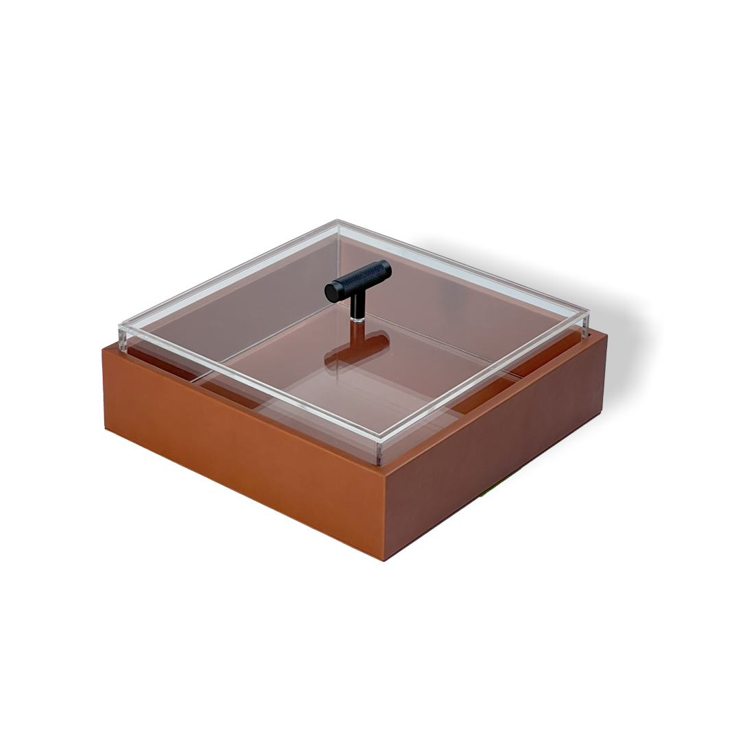 Camel-colored Qirmez leather display box with acrylic top for stylish home or office decor